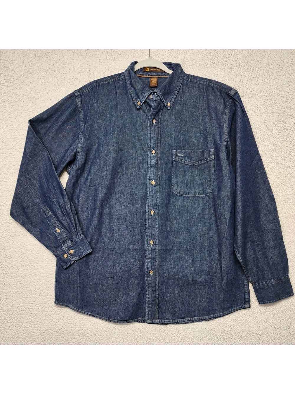 Harriton Mens Denim Button Down Shirt Size Large Dark Blue Chuck Norris Vintage